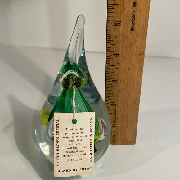 Signed Adam Jablonski Mouth Blown Crystal Teardrop Paperweight Made in Poland - Picture 8 of 8